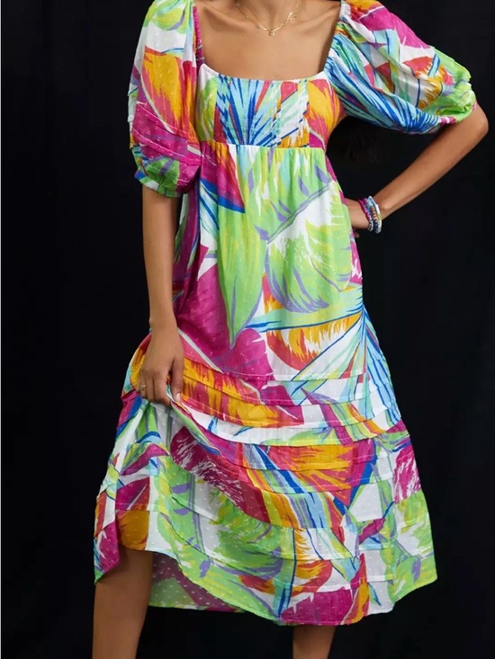 FARM Rio Dresses & Skirts - FARM Rio Pink, Lime, Blue & Yellow Puff Sleeve Midi Dress